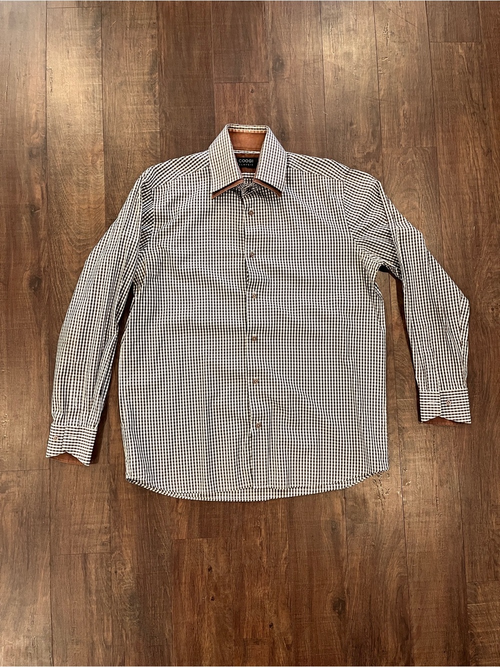 Coogi Classic Double Collar Gingham Check Sport Shirt in Brown Size L 16 - 32/33